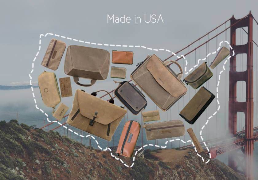 Collection of leather handbags made in the USA on a background of the Golden Gate Bridge