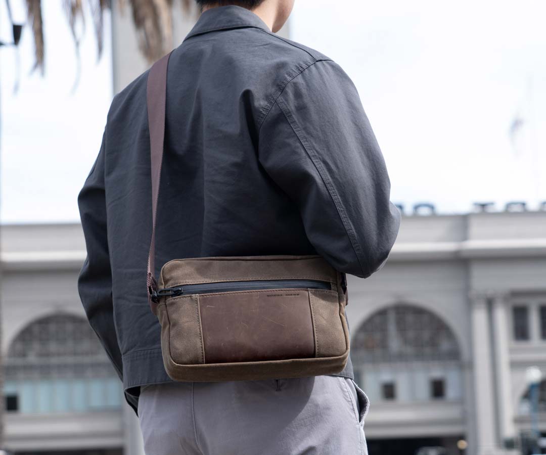 crossbody leather travel bag Shinjuku Crossbody for iPad, Ballistic Nylon + Chocolate Leather by WaterField Designs, iPad Crossbody Bag, Crossbody Bag for iPad