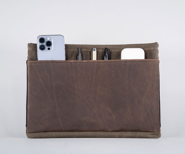 Full-grain leather front pocket for easy-access items