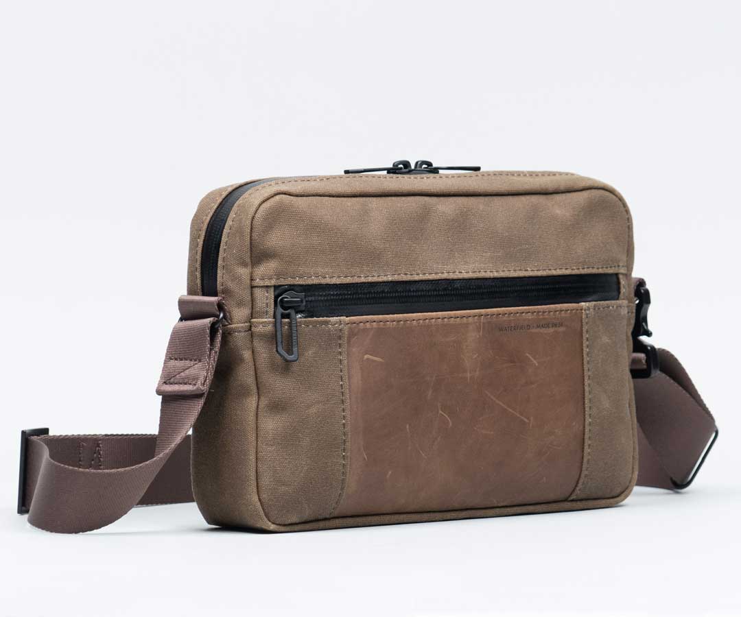 canvas travel crossbody bag Shinjuku Crossbody for iPad, Brown Waxed Canvas + Chocolate Leather by WaterField Designs, iPad Crossbody Bag, Crossbody Bag for iPad