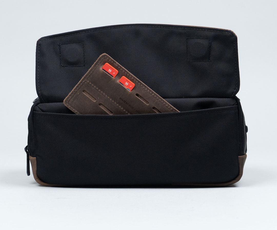 Front: Magnetic closure flap. Pocket holds a Game Card Holder.