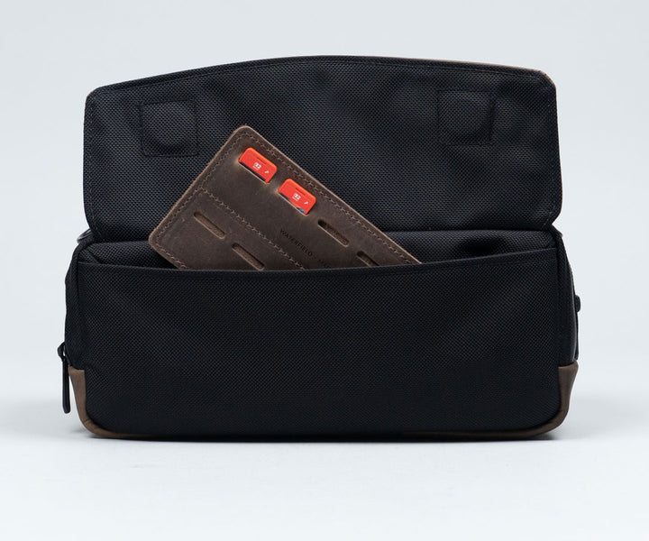 Front: Magnetic closure flap. Pocket holds a Game Card Holder.