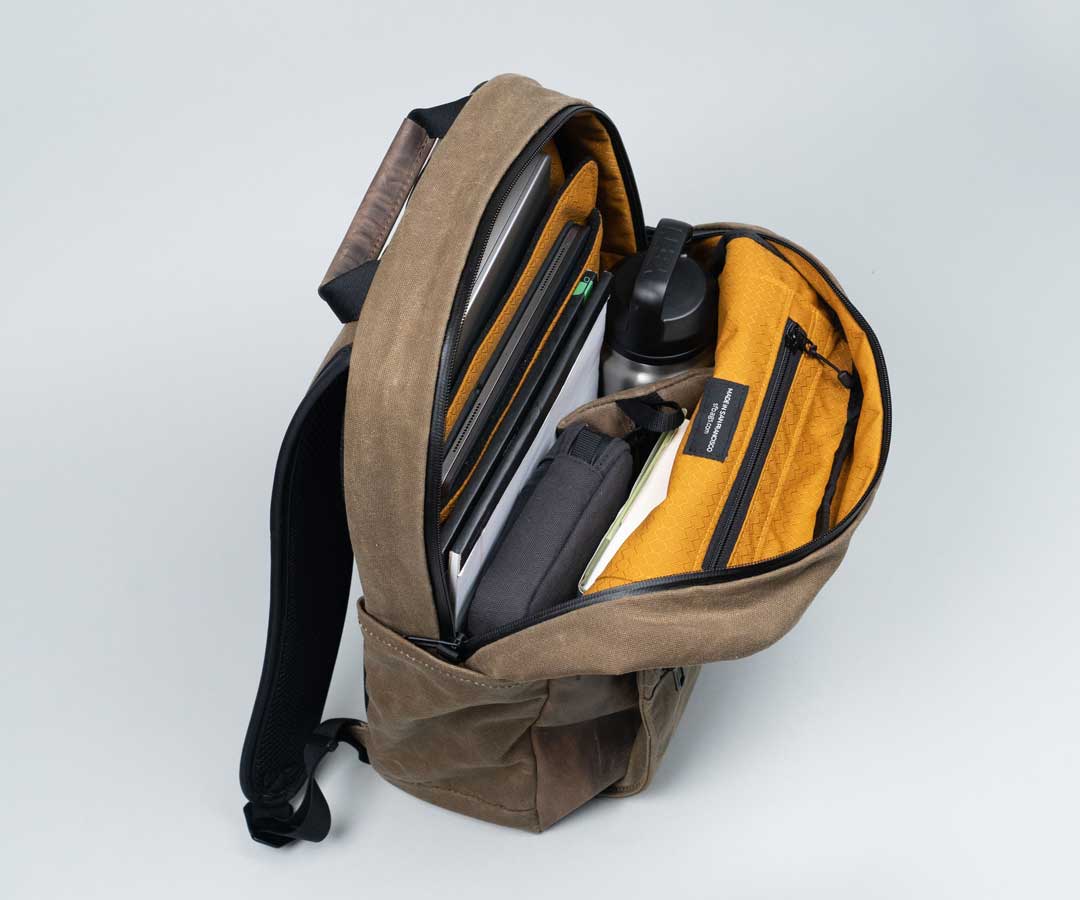 canvas backpack leather straps Shinjuku Laptop Backpack, Navy Waxed Canvas + Chocolate Leather by WaterField Designs, Laptop Backpack for Men, Leather Laptop Backpack