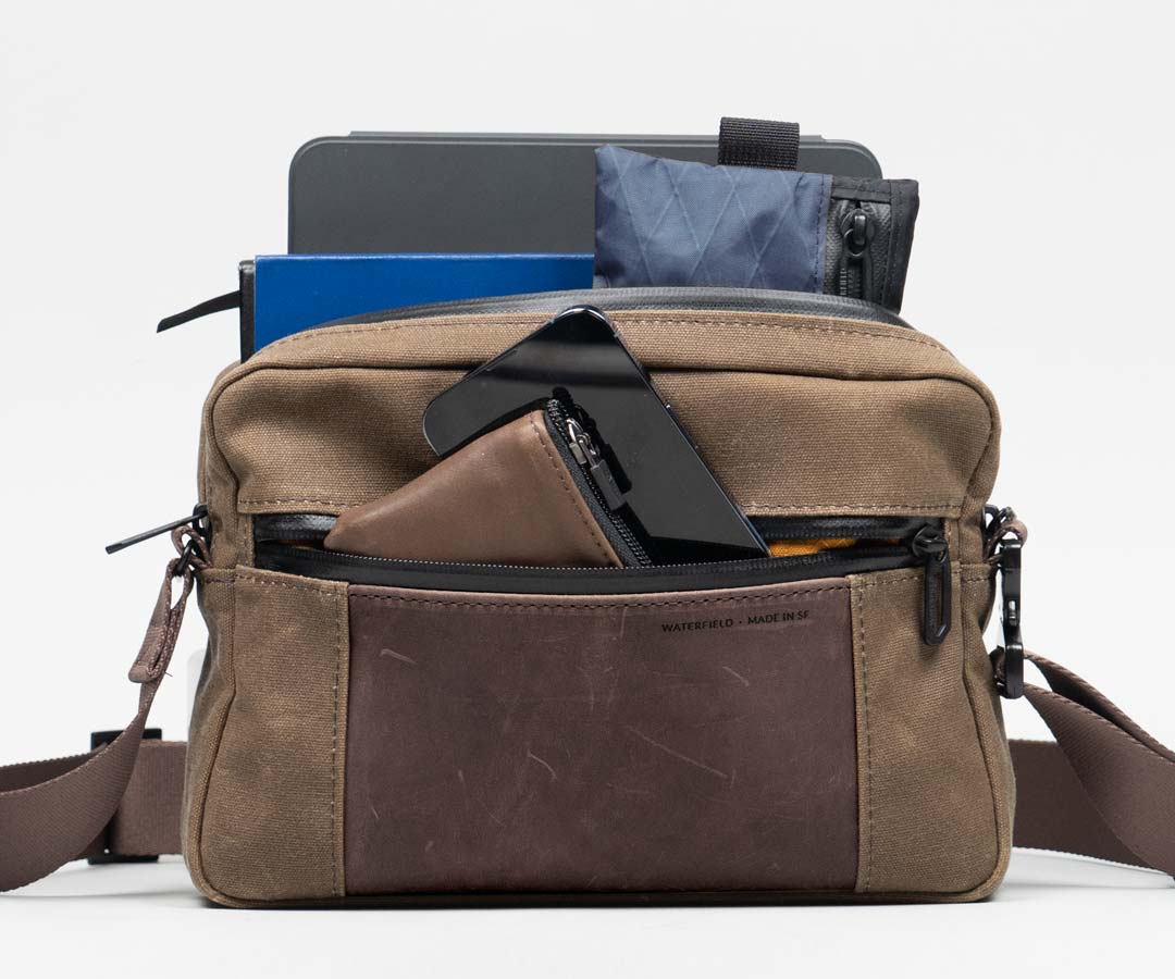 Shinjuku Crossbody for iPad, Navy Waxed Canvas + Chocolate Leather by WaterField Designs, iPad Crossbody Bag, Crossbody Bag for iPad