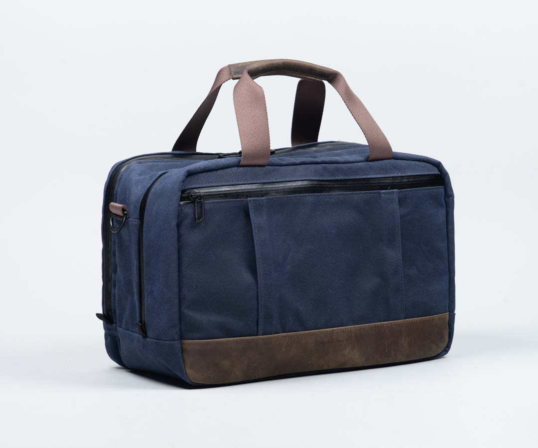Blue Waxed Canvas + Chocolate Leather