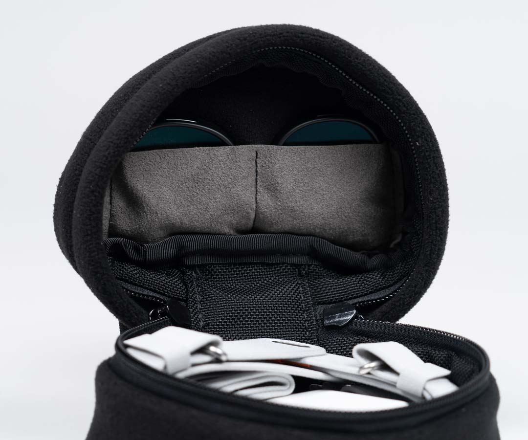 Pockets in soft Ultrasuede for Zeiss lenses.