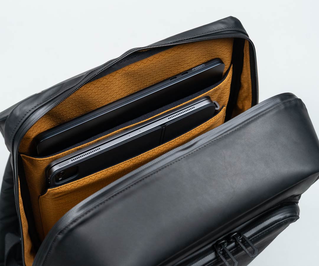 black backpack with zippered main compartment with padded laptop sleeve Bowery Leather Laptop Backpack, Grizzly Leather by WaterField Designs, Men's Leather Backpack, Men's Backpacks, Made in USA Backpack