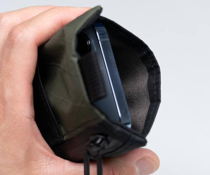 iPhone pocket is lined with soft Ultrasuede® for screen protection