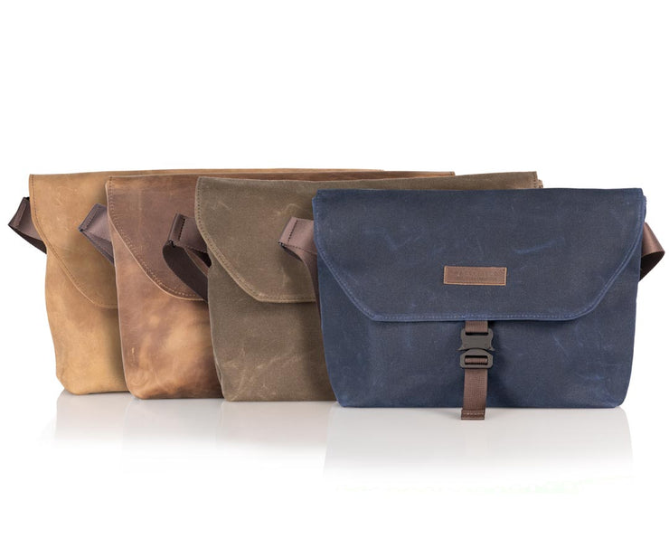 Available in full-grain leather and waxed canvas
