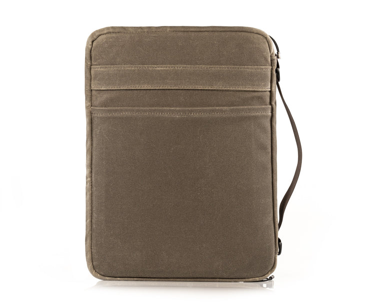Back pocket for documents.  Strap for holding or slipping onto carry-on handles.
