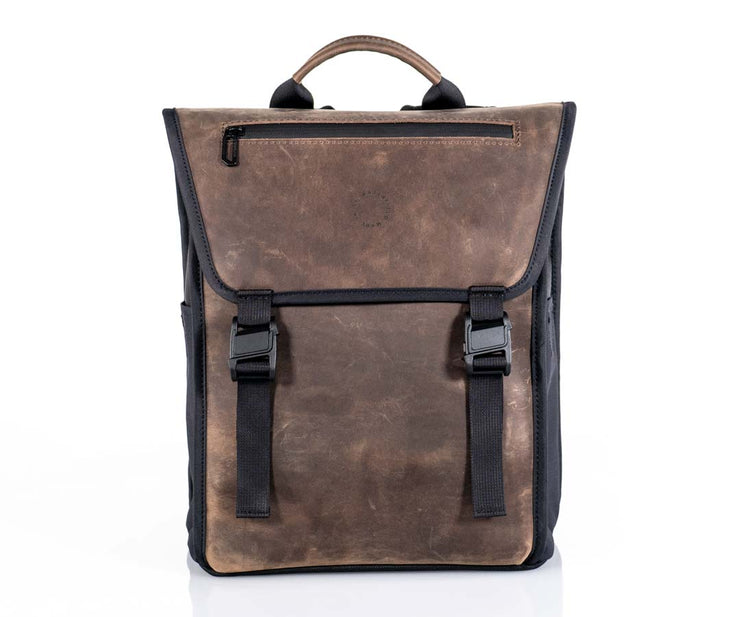 Full-grain leather front panel and flap