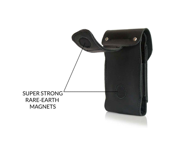 Magnetic leather strip attaches to pants, belts, straps.