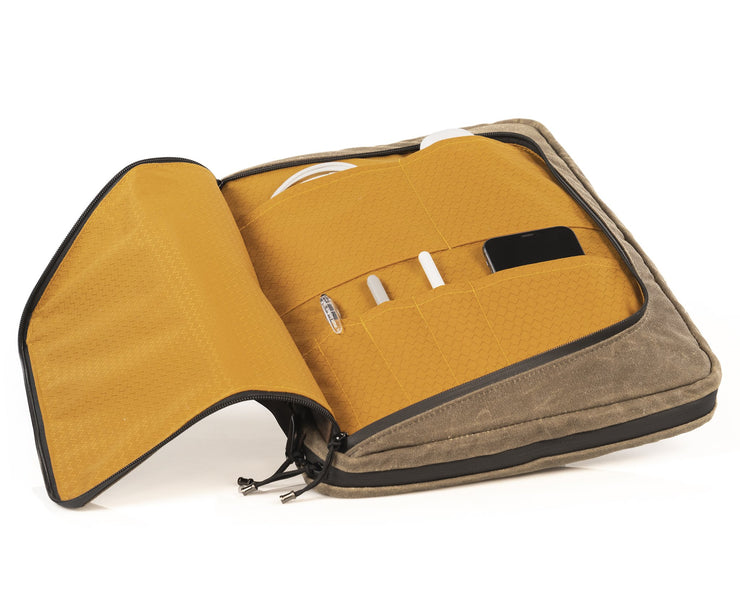Front flap stores easy-access items