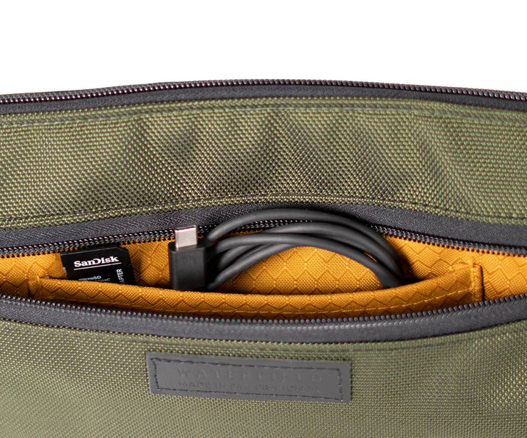 External pocket for power brick, game cards, etc.