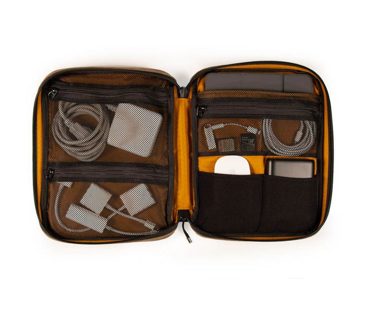 Organizes tech gear. Includes padded tablet pocket