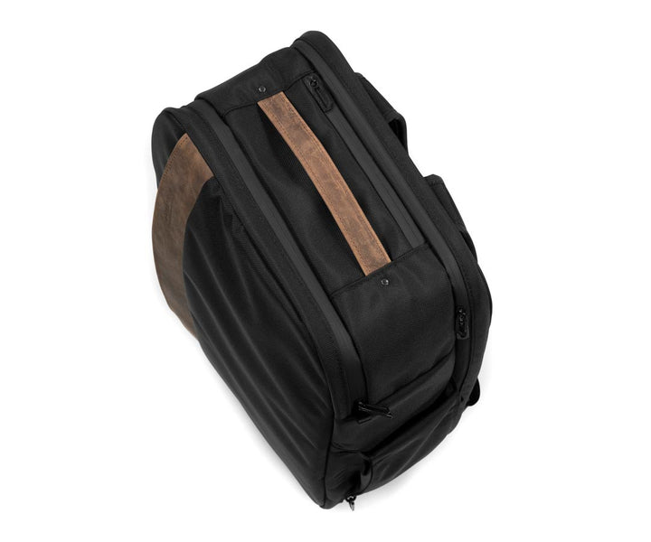 Top down vertical view. Convenient top zippered pocket