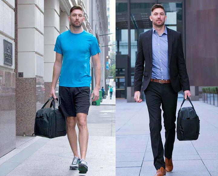 Man carrying the same duffel bag in two settings: one in athletic wear, and one in business attire, highlighting versatility for different lifestyles
